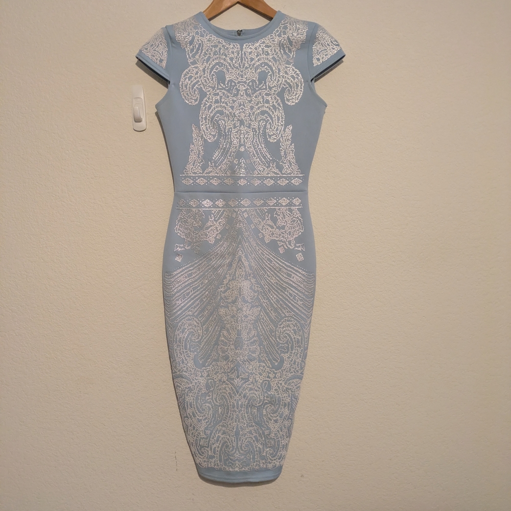 River Island Light Blue and White Patterned Midi Dress